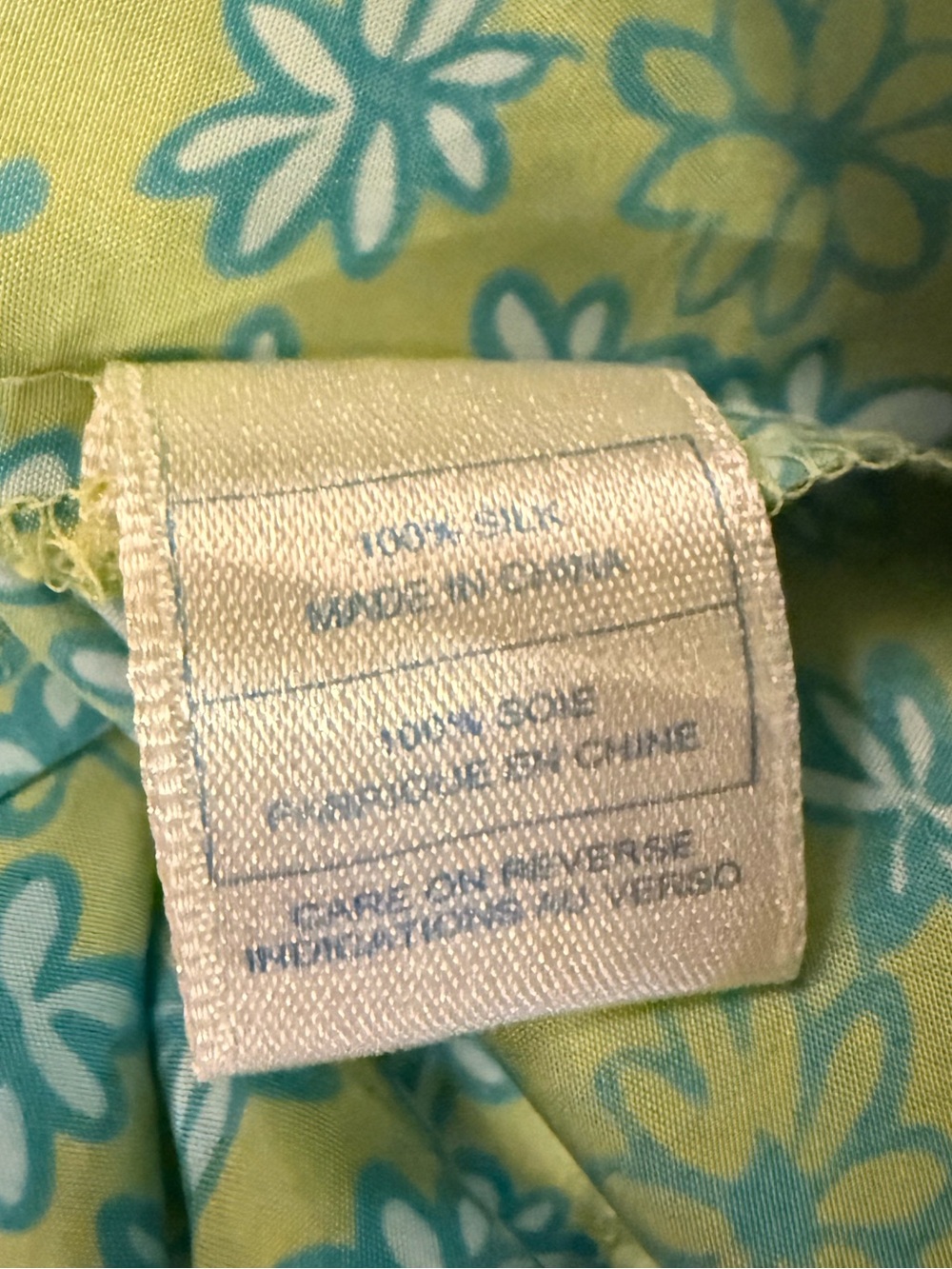 Provence d’amour 100% Silk Y2K Floral Blouse Lime Green Blue Daisy Print Medium - Picture 9 of 15